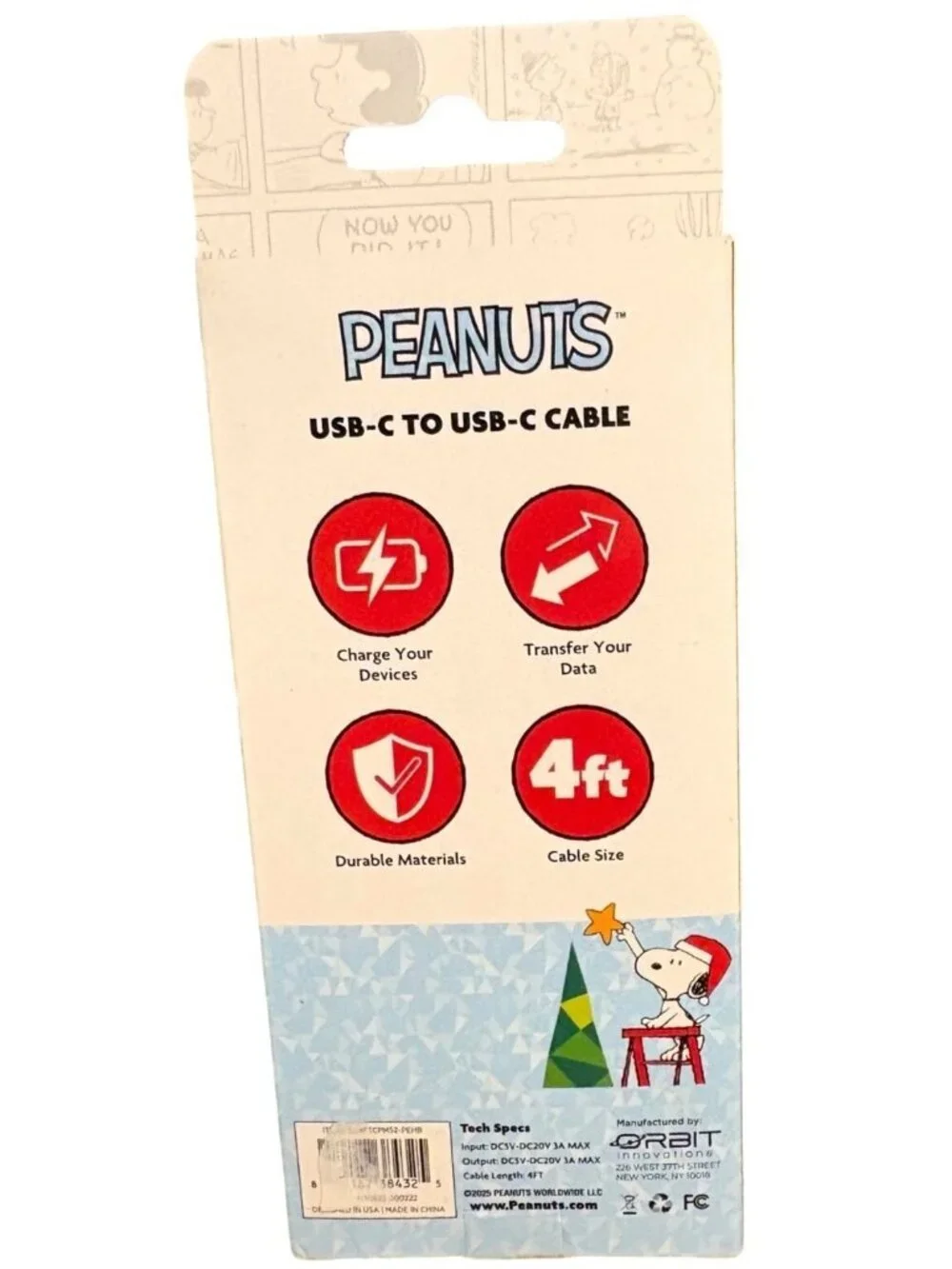 Peanuts Snoopy USB-C To USB-C Cable 4ft Holiday Design Durable Materials NISB